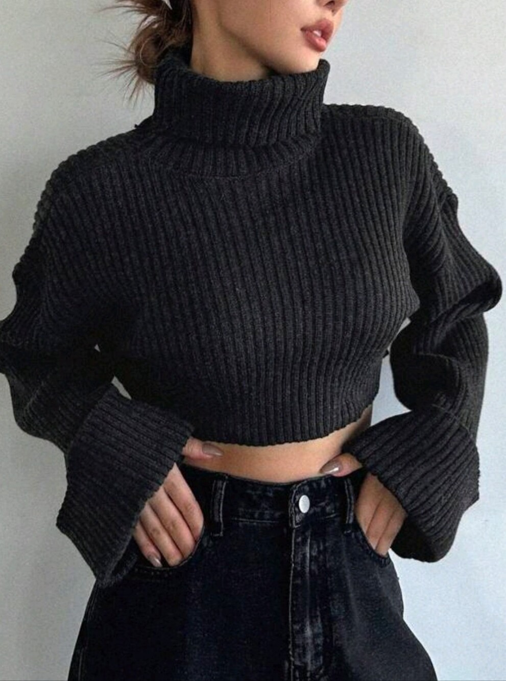 Charcoal GrayDropped Shoulder Ribknit Turtleneck Crop Sweater - Womens